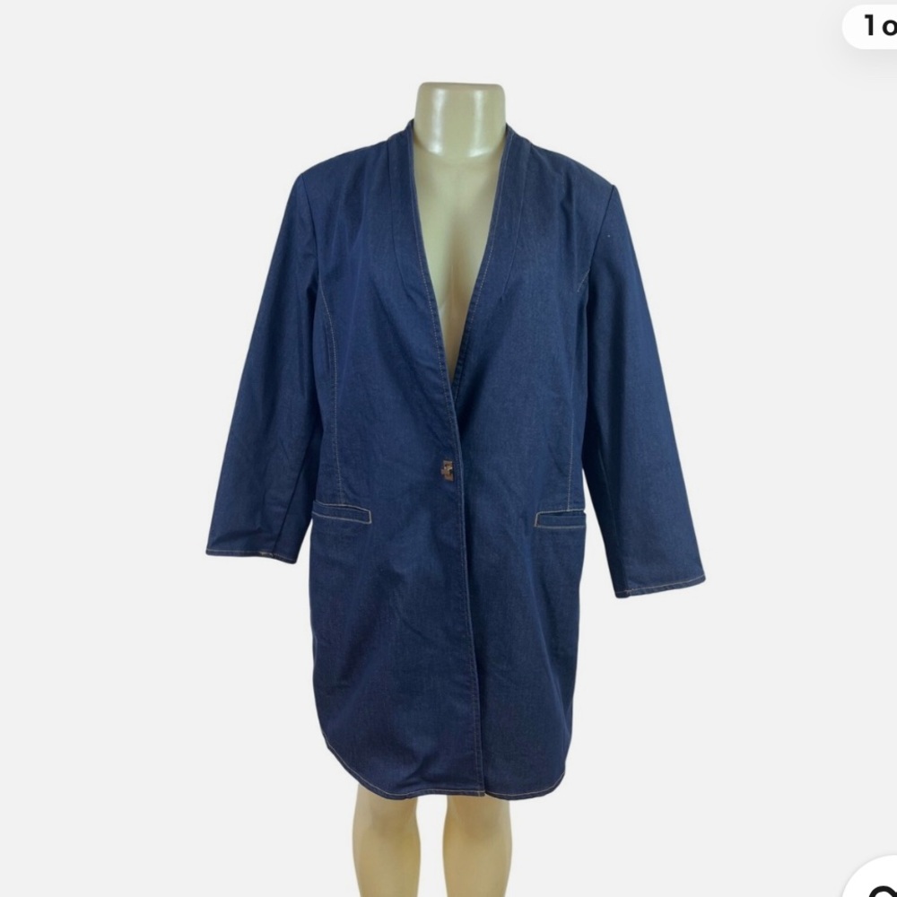 Chico’s navy blue long denim jacket / blazer